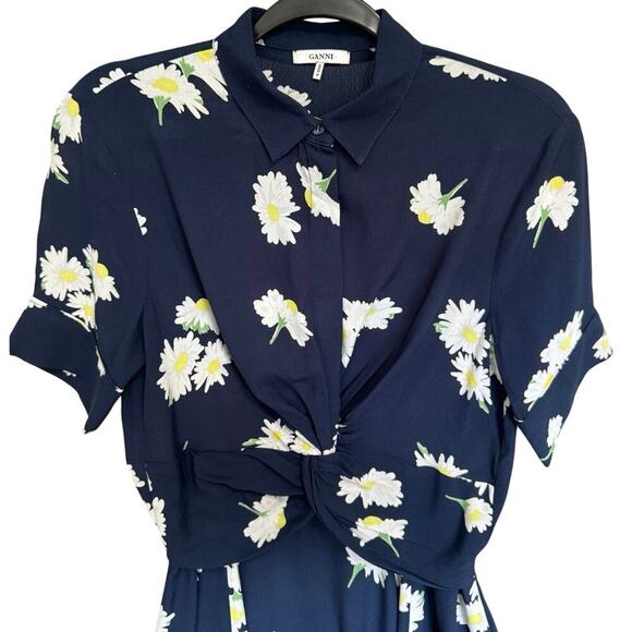Ganni NWOT Silvery Crepe Twist Dress Daisy Flowy Mini Navy Blue White Size Small - Picture 4 of 12